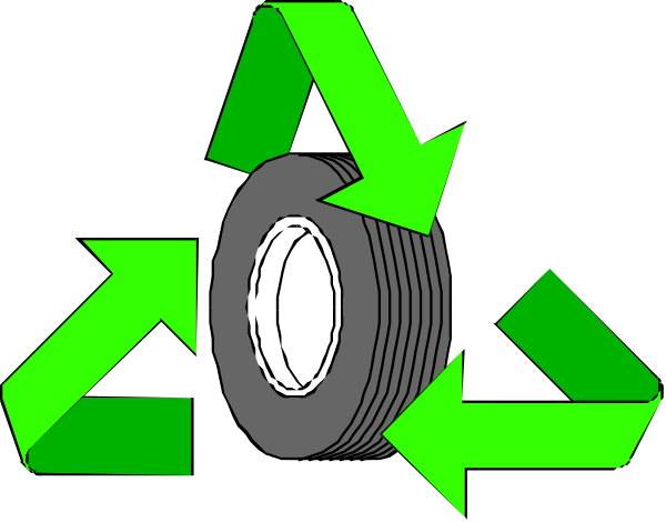 The image shows a black tire with an arrow pointing to it from various directions, suggesting recycling or repurposing of tires as part of environmental efforts; there is no text present in this clip-art illustration.