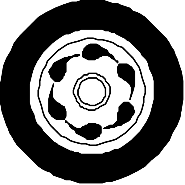 The black and white illustration shows a wheel with spokes radiating from its center to an outer rim where there is a hubcap design featuring six circles arranged in two rows of three.