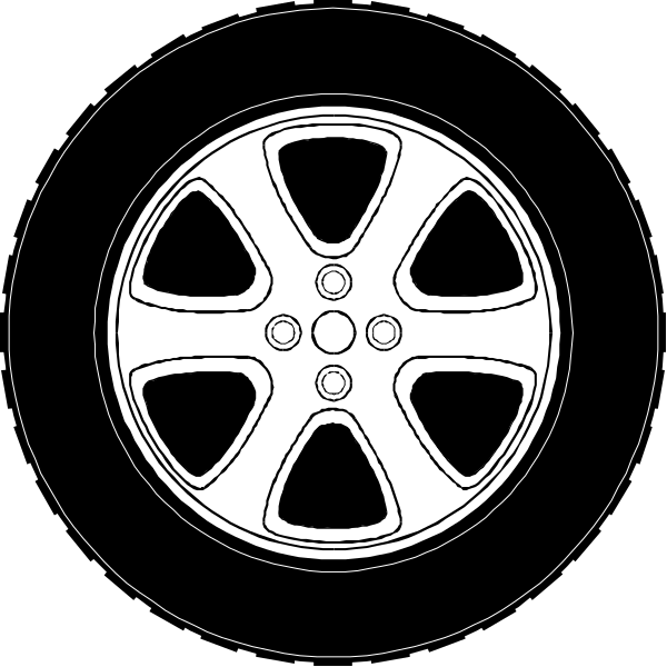 The black and white illustration shows a wheel with five spokes on it against two different backgrounds: one is solid dark gray while the other has an image of another tire in its center.