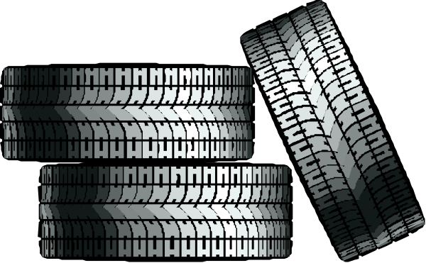 The black and white photo shows a collection of tire treads with varying patterns arranged vertically against each other on what appears to be a dark background.