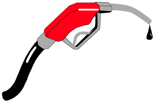 The image shows a red gas pump nozzle with an attached hose against a black background.