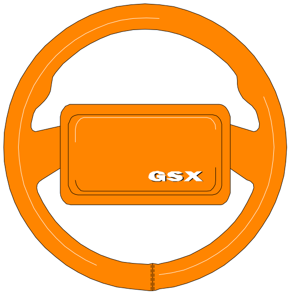 The image shows a steering wheel with an orange cover on it that has "GXS" written across its center in white letters.