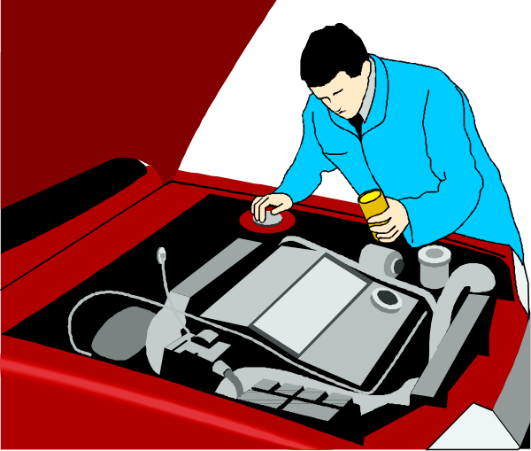 The illustration shows a man working on an open car hood with various tools around him; he is wearing blue coveralls and appears to be inspecting something under the bonnet of his vehicle.