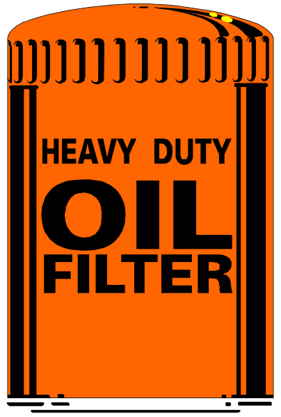 The image shows a red can labeled "HEAVY DUTY OIL FILTER" with white text on it.