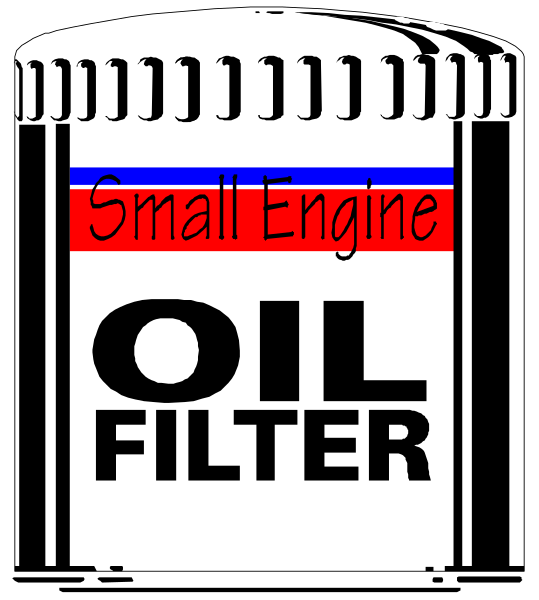 The image shows a graphic of an oil filter with text that reads "SMALL ENGINE OIL FILTER" in red letters on top right corner against blue background; below it is smaller white lettering reading "Oil Filter."