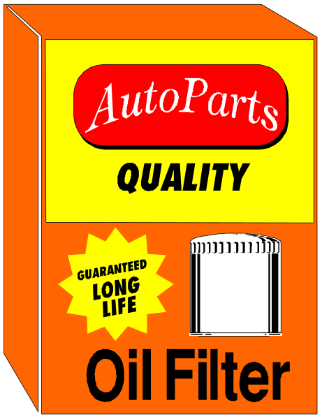 The image shows a cardboard box with an advertisement for AutoParts quality oil filters on it.