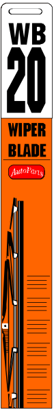 The image shows a wiper blade with text on it that reads "WIPER" at both ends of its span across an object in front of which there is also some additional smaller print reading "20."