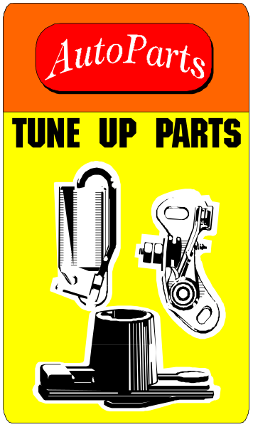 The image shows a sign for AutoParts with an illustration of tools on it against a yellow background.