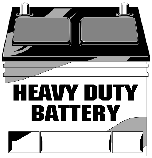 The image shows two black trash cans with white text on them that reads "HEAVY DUTY BATTERY."