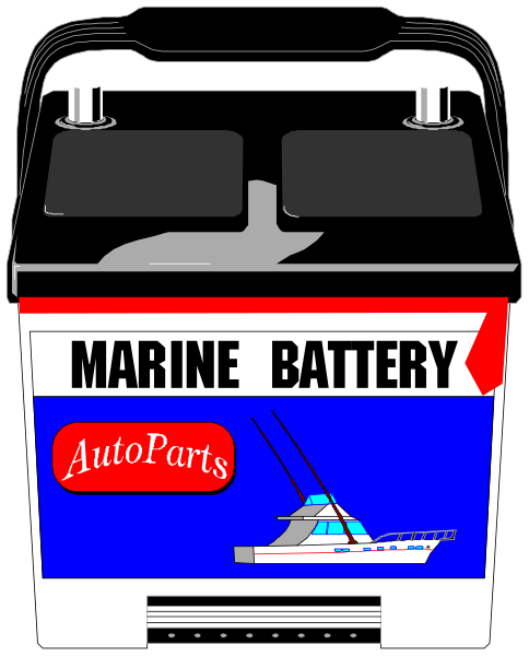 The image shows a marine battery with an illustration of a boat on it placed next to its boxed packaging that reads "MARINE BATTERY" in white letters against blue background.