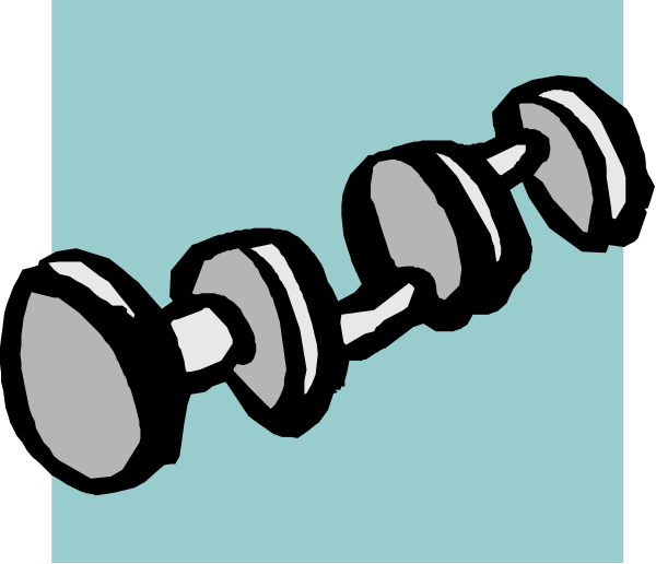 The image shows a cartoon of dumbbells with weights hanging from them against a blue background on the left side; there is no text present in this clip-art illustration.