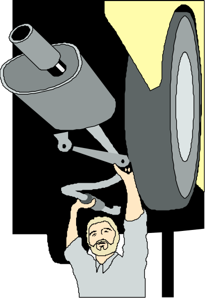 The image shows a man lifting an object that appears to be a large telescope with wheels on it using his arms for support while standing in front of what looks like a vehicle tire.