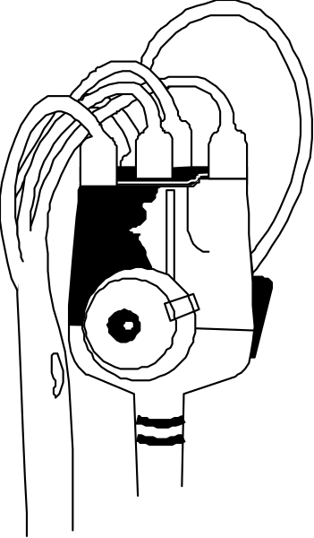 The black and white illustration shows a closeup of an electronic device with various cables connected to it against a dark background; there is no text present in this image.