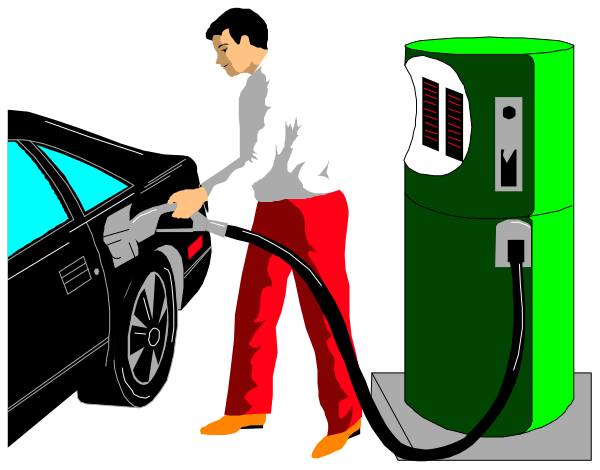 The illustration depicts a man standing next to an electric car at what appears to be a charging station with his hand on top of it while looking down towards something out of frame; there is no visible text in this image, and all objects seem static without any actions taking place.