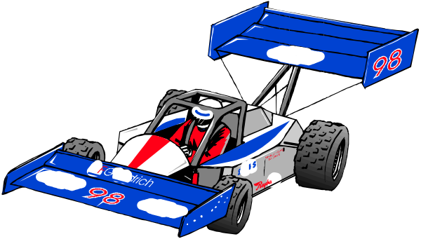 The image shows a blue race car with white numbering on it parked next to another identical vehicle that is partially obscured by the first one; both cars have red accents around their windows and numbers 98, 67, and 30 visible in various places. There are two people standing near each other behind the vehicles who appear to be wearing racing suits with numbering on them: a person dressed predominantly in blue is closer to the camera while another individual further back wears red attire; both individuals have helmets that match their respective outfits and display numbers