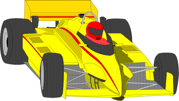 The image shows a yellow race car with red accents on its bodywork, featuring an open cockpit where there is no driver visible; it has black tires mounted to silver wheels and appears to be in motion against a dark background that suggests speed due to blurred lines around the vehicle's edges.