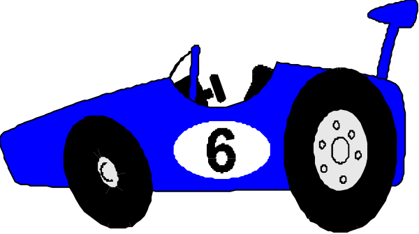 The image shows a blue race car with white wheels on it against a black background.
