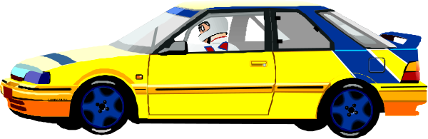 The image shows a yellow car with blue wheels driving on an unseen road next to another similar vehicle that is parked by its side of the street.