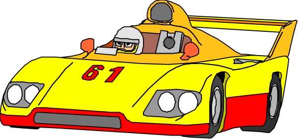 The cartoon shows two race cars on a track with drivers inside; both have number 61 visible atop their respective vehicles. One car is yellow-orange while the other has red accents around its front and sides, suggesting it's in motion or about to start racing. There are no people outside of the driver seats nor any animals present within this image. The setting appears to be a race track with clear lanes for each vehicle.