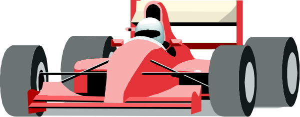 The image shows a red race car with white wheels on top of black tires driving down what appears to be an empty roadway at nighttime under clear skies.