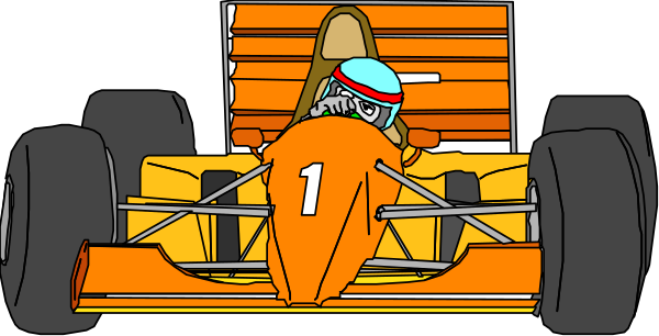 The illustration shows a cartoon of an orange Formula 1 car with number "0" on it being driven by someone wearing blue helmet and goggles who appears to be in motion around a track. There is also another person standing next to the car, possibly holding onto its side for support or balance during high-speed maneuvers. The background suggests an outdoor racing environment under artificial lighting conditions with multiple other cars visible on the same circuit but not as prominently featured.