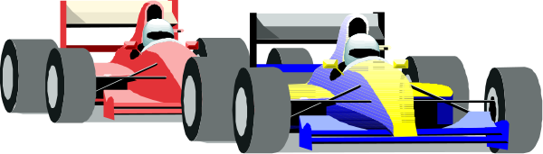 The image shows a group of four race cars on a track with two drivers visible inside them; there is no text present in this clip-art illustration.