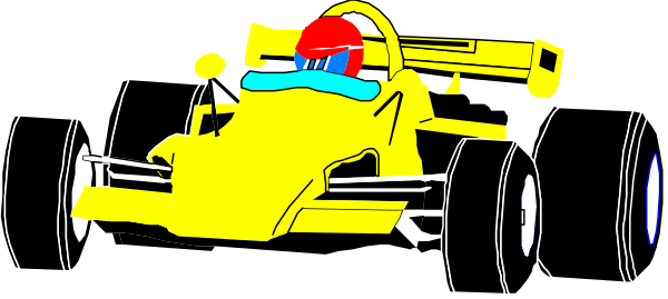 The image shows a cartoon of an animated race car with four wheels on top of it driving down what appears to be a track at high speed.