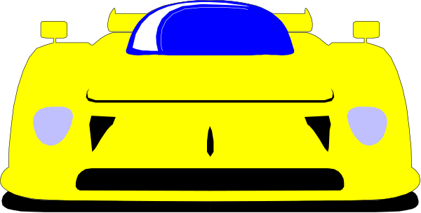 The image shows two race cars side by side on a track with blue skies above them.
