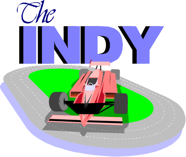 The image shows a cartoon of an Indy race car on a track with text that reads "THE INDY" in bold letters above it.