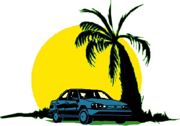 The image shows a car parked under palm trees at sunset with silhouettes of two cars on either side against an orange sky background.