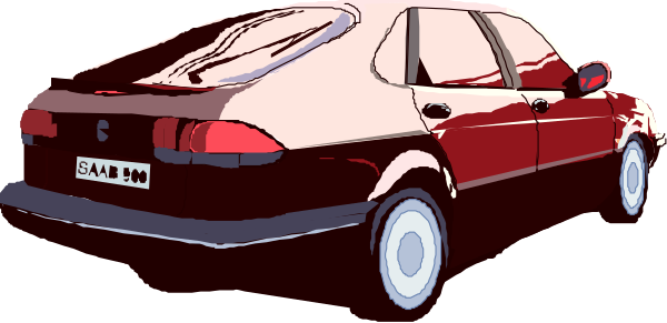 The image shows a red car with white wheels parked next to another similar vehicle on what appears to be an empty street at nighttime.