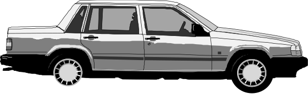 The black and white illustration shows two cars parked side by side on a street with no visible textures indicating depth of field; one car is an older model sedan while the other appears to be a more modern luxury vehicle, both depicted in profile view from front left angles.