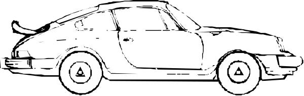 The black and white photo shows a car driving on an open road with no other vehicles visible around it.