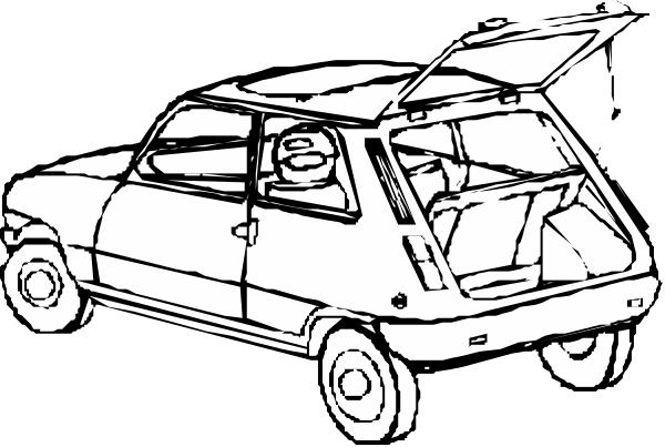 The black and white illustration shows a car with an open trunk parked on what appears to be grassy terrain at nighttime; there is no visible text in this image.
