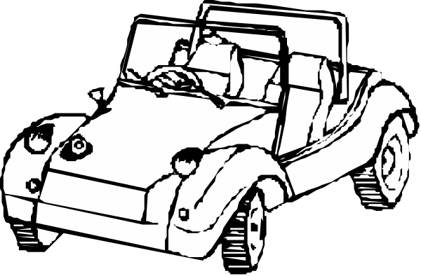 The black and white illustration shows two vintage cars parked side by side with a person standing between them; there is no text present in this image.