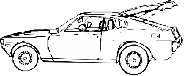 The black and white illustration shows a classic muscle car with its hood up on display at nighttime.