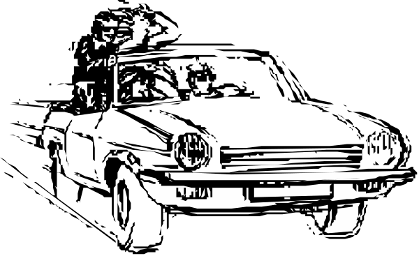 The black and white photo shows a car on an unidentified road at night with no visible license plate details.