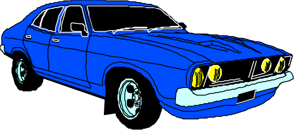 The image shows a blue car parked on an unseen surface with two wheels visible against a dark background.
