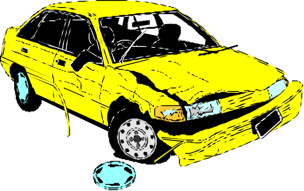 The image shows a yellow car that has been involved in an accident with visible damage to its front end; it is depicted as if viewed from above against a dark background.