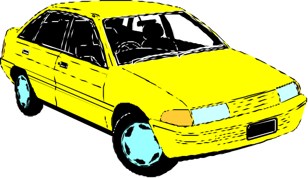 The image shows a yellow car with blue rims parked on an unseen surface next to another similar vehicle that is partially visible in black-and-white tones against a dark background.