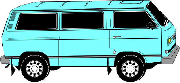 The image shows a blue van parked next to another vehicle with its door open on what appears to be an overcast day in front of some buildings that resemble houses.
