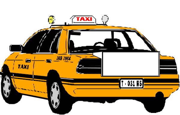 The illustration shows two taxi cabs parked side by side on a street at night with an overcast sky background; there is no text present in this image.