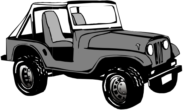 The black and white illustration shows a jeep parked on an unseen surface with its doors open; it is depicted in profile view facing leftward.