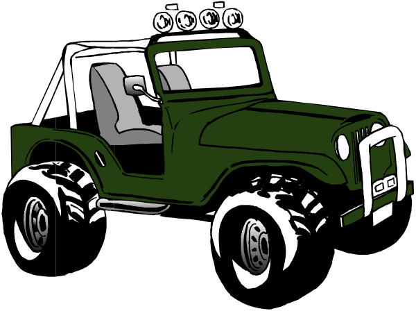 The black and white illustration shows a green truck with large tires parked on an unseen surface at nighttime.