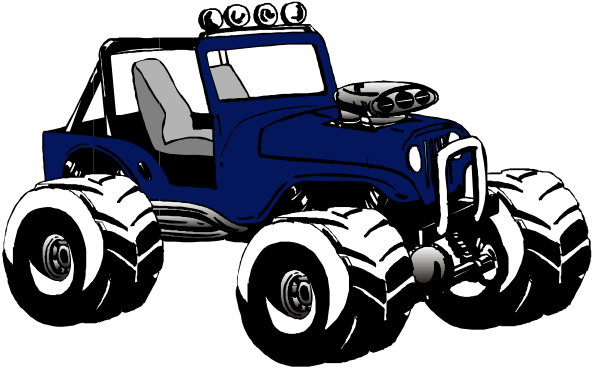 The image shows a blue monster truck with large wheels parked on an unseen surface at nighttime.