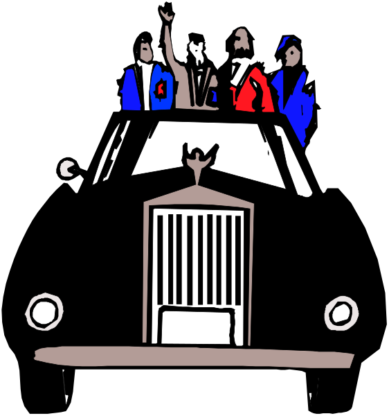The black and white illustration shows a group of four individuals standing on top of an old car with grill detailing; one person is waving while another appears to be holding up something small in their hand, possibly indicating celebration or attention-seeking behavior.