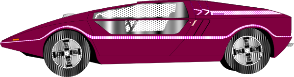 The image shows a pink sports car with black wheels on an unseen roadway against a gray background.