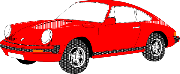 The image shows two red sports cars parked side by side with a black background featuring white lines that create an illusion of depth.