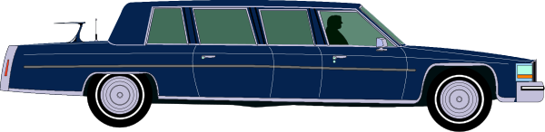 The image shows a blue stretch limousine parked on an unseen surface with no visible textures indicating its surroundings; there is one person standing in front of it who appears to be looking at something off-camera, but their face and upper body are not fully shown due to cropping or perspective.