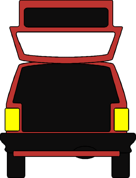 The picture shows a red truck with its back door open parked on an unseen roadway at nighttime.